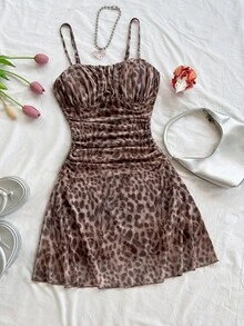 Soleia 女式夏季度假蓝白花卉网眼吊带裙 - 棕色 - 查看 4