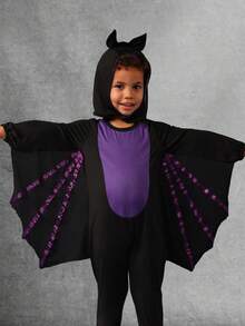 SUMWON Halloween Bat Costume For Kids Black Wing Jumpsuit With Purple Accents Holiday Party Dress Up Character Costume For Boys