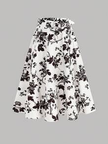 SHEIN 少女黑色毛绒罗纹高领长袖 T 恤和花卉印花短裙休闲两件套 - 黑色 - 查看 6