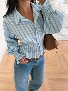 SHEIN EZwear Casual Striped Gathered Waist Shirt, Suitable For Commuting In Autumn - Multicolor - View 1