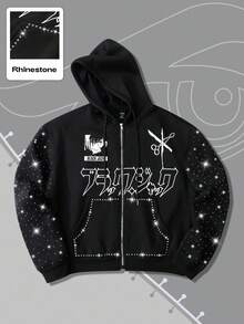 ROMWE MEN Black Jack X ROMWE Men's Black Rhinestone Embellished Zip Up Hooded Sweatshirt, Suitable For Everyday Wear, Autumn/Winter - Black - View 3