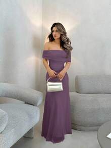 Jemour Váy cưới/tiệc tùng trễ vai nhún eo thanh lịch cho nữ - Màu tím - Xem 6