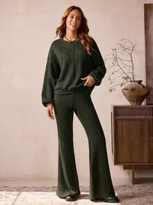 LanaWest Setelan Kasual 2 Potong Wanita: Sweatshirt Lengan Panjang Bahu Jatuh Bertekstur dan Celana Flare, Musim Gugur - Hijau Tentara - View 3