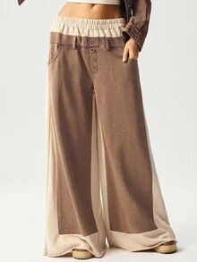 Bohemela 女式休闲针织拼接宽松阔腿运动裤 - 摩卡棕 - 查看 5