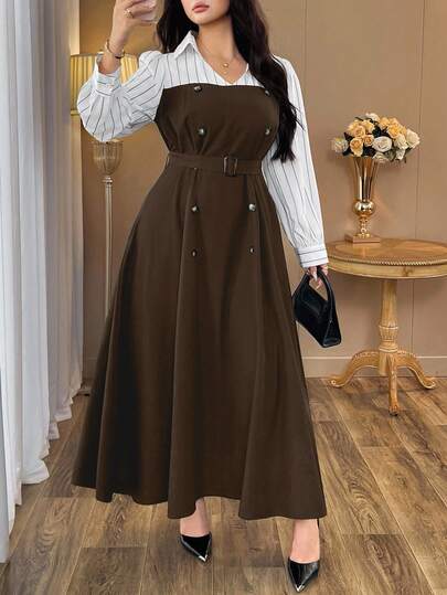 Auvina Váy dài tay kẻ sọc hai hàng khuy cỡ lớn thanh lịch