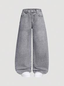 SHEIN Explorewe 男童复古水洗灰色宽松阔腿休闲牛仔裤，美式高街百搭牛仔裤，秋冬季时尚穿搭之选 - 灰色 - 查看 3