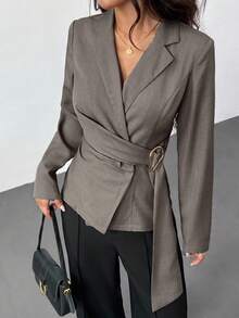 SHEIN PETITE Women's Metal Decoration Brown Gray Imitation Linen Waist Suit Jacket/Fall Women Clothes/Fall Outfits Women /Fall Outfits/Back To School/Homecoming/Business Casual Woman /Old Money Style Women/Office Outfits For Women/Going Out Outfits,Fall Clothes For Women
