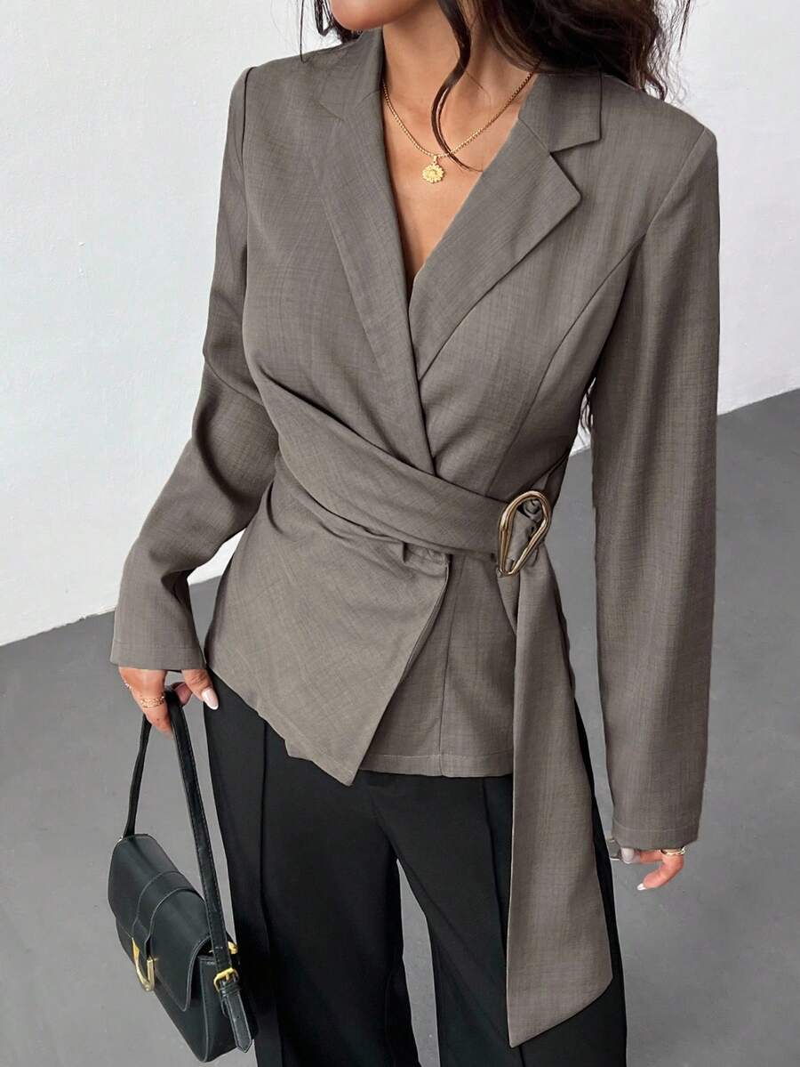 SHEIN PETITE Women's Metal Decoration Brown Gray Imitation Linen Waist Suit Jacket/Fall Women Clothes/Fall Outfits Women /Fall Outfits/Back To School/Homecoming/Business Casual Woman /Old Money Style Women/Office Outfits For Women/Going Out Outfits,Fall Clothes For Women