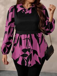 EMERY ROSE Blusa casual de punto con estampado floral y patchwork para mujer talla grande, otoño/invierno - Rosa Fucsia - Ver 6