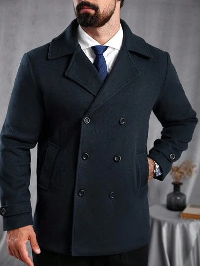 Manfinity CasualCool Men's Solid Color Lapel Neck Long Sleeve Double-Breasted Casual Overcoat, Fall/Winter