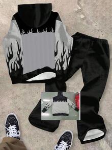 SHEIN Conjunto informal de niño adolescente con sudadera con capucha con estampado de llamas abstractas y pantalones acampanados - Multicolor - Ver 2