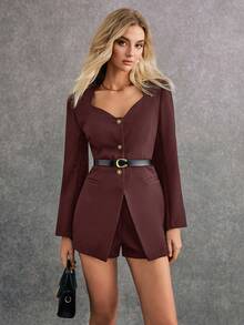 Poéselle 2件套女士鸡心领前扣长袖夹克和短裤套装 - 咖啡棕 - 查看 5