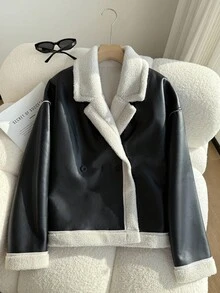 SHEIN 少女休闲基本款通勤PU拼接宽松保暖内衬夹克，秋冬 - 黑色 - 查看 6