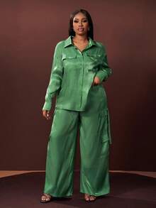 Slaydiva Sage Green,Autumn,Elegant,Formal Plus Size 2 Pieces Set Loose Shirt Collar Long Sleeve Sparkly Top And Wide Leg Long Pants For Casual Streetwear Party - Green - View 6