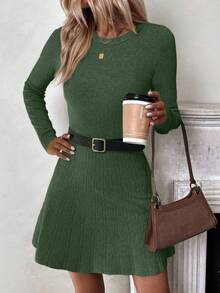 EMERY ROSE Women's Casual Everyday Commute Solid Color Waist Cinched Sweater Dress, Without Belt, Autumn/Winter - Army Green - View 4