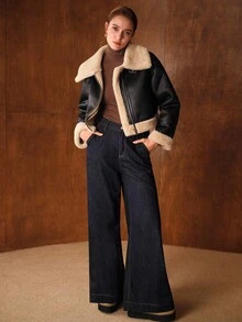 MOTF STUDIO CONTRAST FUZZY PANEL DROP SHOULDER OVERSIZE ZIP UP JACKET FOR AUTUMN/WINTER - Black - View 7