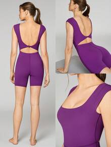 GLOWMODE 6" FeatherFit™ Square Neck Knotted Romper Bodysuit Light Support Yoga Pilates Studio Gym Daily - Purple - View 7