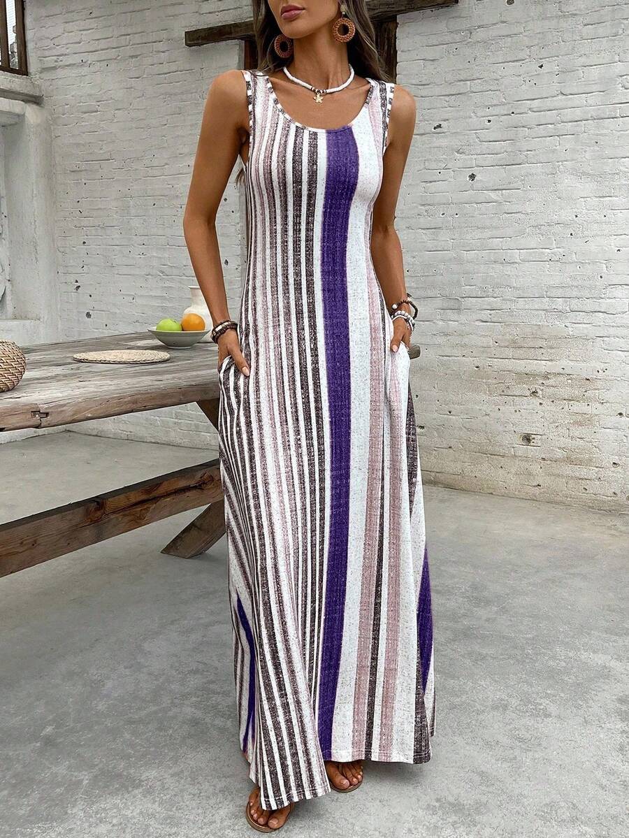 EMERY ROSE 女式复古条纹无袖圆领连衣裙 - 紫色 - 查看 1