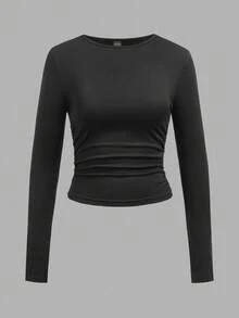 SHEIN EZwear Set de 3 camisetas de manga larga con cuello redondo y fruncido de unicolor casual para mujer, otoño/invierno