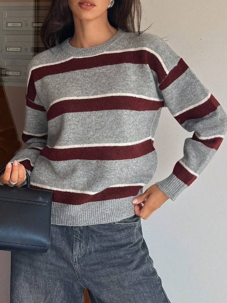 Women's Casual Striped Loose Fit Crew Neck Sweater, Autumn/Winter Y2k