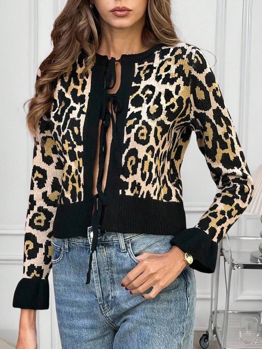 Chiquease 女式秋冬豹纹系带喇叭袖开衫 - 彩色 - 查看 1