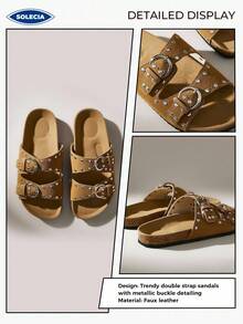 Solecia 女士新款棕色铆钉装饰扣凉拖，复古波西米亚风格沙滩休闲户外度假平底凉鞋 - 棕色 - 查看 7