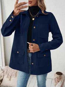 EMERY ROSE Women's Navy Blue Fashionable Front Button Pocket Casual Jacket Coat
