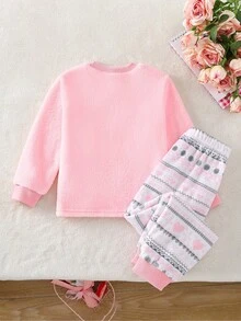 SHEIN Genkimix Kids 少女粉色3D蝴蝶结毛绒卡通企鹅刺绣长袖上衣，搭配毛绒长袖家居服套装 - 彩色 - 查看 2