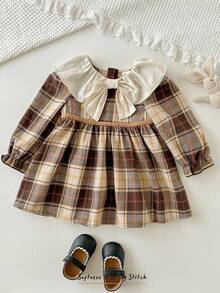 Cozy Pixies Baby Mädchen bunte karierte Kontrast Rundhals Langarm Taille geraffte Kleid, vielseitig & bequem