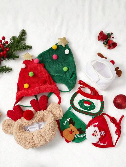 PETSIN 1 قبعة عيد الميلاد، منشفة لعابية، ديكور حفلة عيد للحيوانات الأليفة، ربطة عنق للحيوانات الأليفة، إكسسوارات تنكر للحيوانات الأليفة، مناسبة للقطط والكلاب، مستلزمات الحيوانات الأليفة