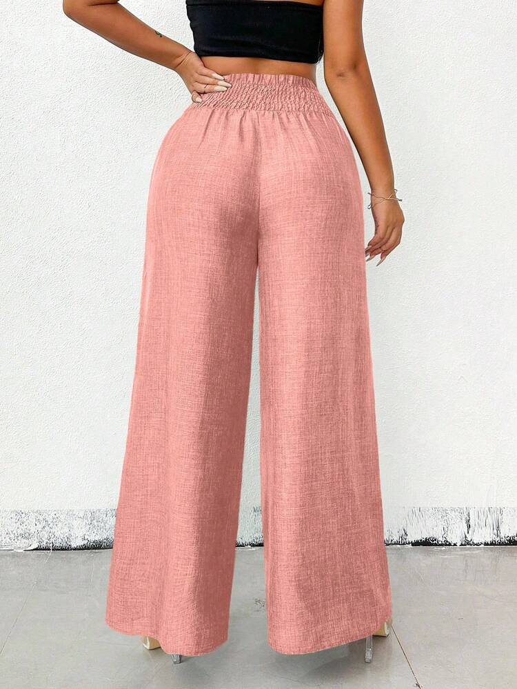 Breezaya Calça Casual de Linho Caqui de Perna Larga com Adorno de Corrente Metálica para Mulheres, Modelagem Larga, Outono - Coral - Visão 2