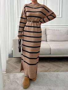 SHEIN Tall Apricot And Brown Striped Thick And Maxi Sweater Dress, Tall Women - Camel - View 4