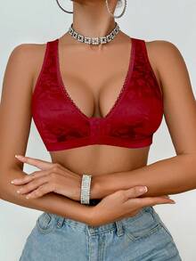 SHEIN 1pc Women's Front Closure Wireless Bra, Christmas - Red - View 4