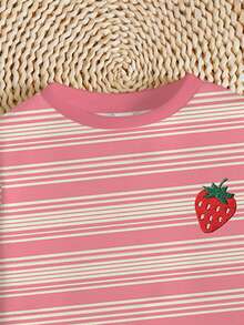 SHEIN Leap Crew 2 件套 Tween 女童休闲奶油粉色条纹迷你标志草莓印花运动衫和紧身裤套装，多巴胺颜色，舒适圆领长袖，适合秋冬季 - 彩色 - 查看 5