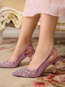 CUCCOO TILAWA 女士时尚紫色闪光水钻装饰尖头露跟高跟鞋，适合春秋季节 - 紫色 - 查看 4