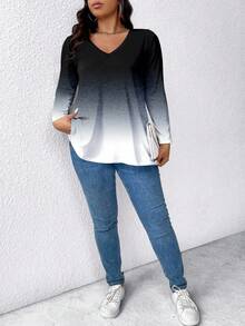 EMERY ROSE Plus Size Women Ombre Color Block V-Neck Long Sleeve T-Shirt - Multicolor - View 4