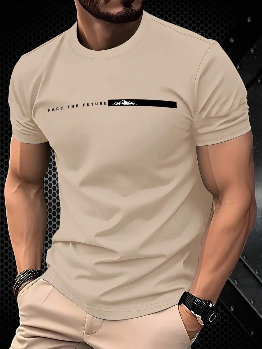 Manfinity Homme 修身男士休闲短袖T恤，简约百搭未来T恤 - 杏色 - 查看 1