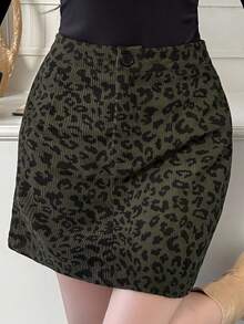 FRIFUL Women's Casual Leopard Print Button Waist Short Skirt - Army Green - View 4