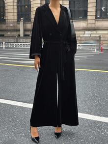 DAZY Women's Autumn Velvet Square Collar Waist Jumpsuit - Black - View 3