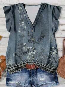 Rusticease 女士休闲复古碎花V领衬衫，适合秋夏季节穿着，波西米亚风，女士秋季服装，休闲百搭 - 藍色 - 查看 7