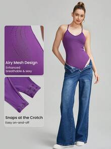 GLOWMODE PearlLift X帶裆部按扣式背心連體褲，輕支撐，適用於瑜珈健身日常休閒 - 紫色 - 查看 4