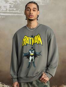 BATMAN X SHEIN Men's Casual Letter & Cartoon Graphic Crew Neck Sweatshirt, Autumn, Long Sleeve Top - Dark Grey - View 1