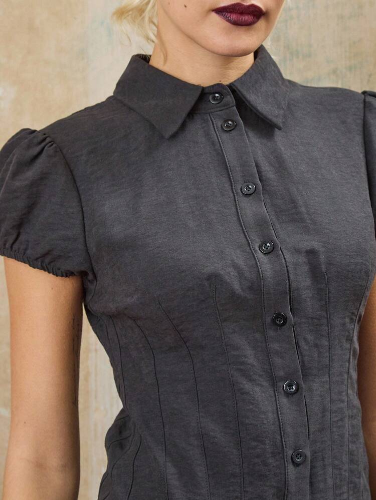 COUREZ 褶皱泡泡袖黑色衬衫 / Y2K 秋冬女装休闲外出上衣性感派对上衣优雅女式衬衫万圣节 - 黑色 - 查看 6