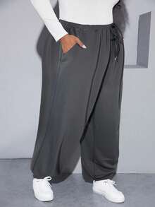 SHEIN CURVE+ 大码休闲抽绳运动裤 - 深灰色 - 查看 6