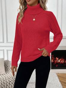 EMERY ROSE Women's Casual Daily Commute Simple Solid Color High Neck Pointelle Knit Raglan Sleeve Pullover Sweater, Autumn/Winter, Christmas