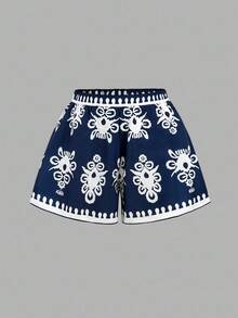SHEIN Tween Girl Casual Fitted Vacation Print Crew Neck Cropped Sleeveless Tank Top And Shorts Woven Set - Navy Blue - View 7