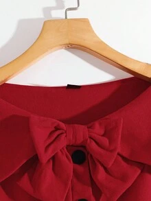 GlowEve 女式纯色蝴蝶结装饰长袖前扣时尚针织上衣 - 紅色 - 查看 4