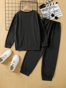 SHEIN Casual Oversized Letter Print Hoodie Set For Tween Boys, Suitable For Leisure, School, And Sports Wear - Dark Grey - View 2