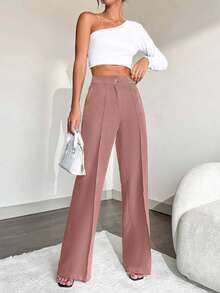 EURMUSE Women's Casual Workwear Commute Daily Simple Solid Color Slant Pocket Seam Front Suit Pants - Dusty Pink - View 5