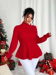 Elenzga Plus Size Asymmetric Collar Cinched Waist Christmas Red Sweater - Grey - View 2